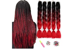 ShowJarlly 5 Piezas Kanekalon Extensiones Pelo Africanas Trenzas, 24" Sintetico Pelo Trenzas Africanas Extensiones de Trenzado de Cabello Para Ganchillo Trenzado de Extensiones Negro/Vino Tinto/Rojo