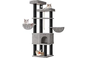 Feandrea Grand Arbre à Chat, Tour de Jeux pour Chat à Plusieurs Niveaux, XXL, 55 x 55 x 186,7 cm, Poteaux en Sisal de 11 cm de Diamètre, Les Maine Coons, Gris Tourterelle et Noir d'encre PCT008G02