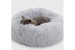 Enjamoy Plush Donut Dog Bed, Calming Round Dog Cat Bed Soft and Fluffy Cuddler Pet Cushion Self-Warming Puppy Beds Machine Washable, Grey 50cm