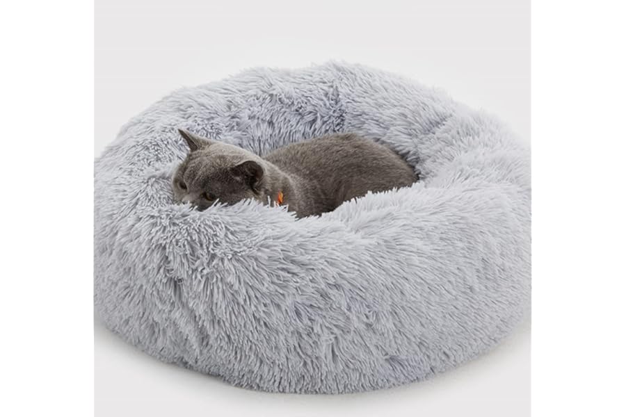 Enjamoy Plush Donut Dog Bed, Calming Round Dog Cat Bed Soft and Fluffy Cuddler Pet Cushion Self-Warming Puppy Beds Machine Washable, Grey 50cm