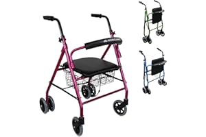 Mobiclinic®, Andador para ancianos, Modelo prado, Rollator, De aluminio, Ligero y plegable, Frenos por presión, Con asiento, Cesta 4 ruedas, Caminador mayores, Marca española, Color rosa