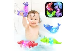 JIJI&CUI LED Bath Toys 4PCS with Flashing Lights | Sensory Animal Pop Tubes for Toddlers 3-6 | Autism-Friendly Floating Water Toys (Dinosaur, Dolphin, Crocodile, Giraffe)