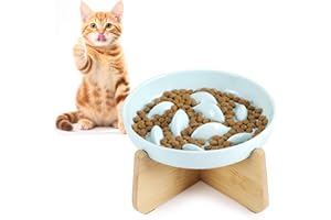 HAPPY HACHI Gamelle Chat surélevée Céramique, Gamelle Anti Glouton Chat, avec Support en Bambou, Petit Chien Anti Glouton Nourriture Manger Lent Réduit Le Vomissements et Ballonnement