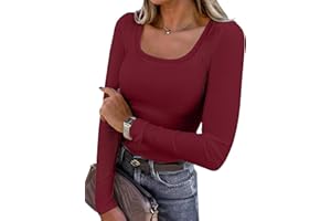 Chicrise Long Sleeve T Shirts Women U Neck Tops Basic Slim Fit Skims Lightweight Ribbed Knitted Blouse
