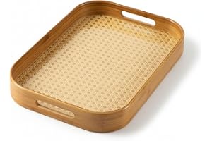 Curated Cart Bamboo Serving Tray with Cut-Out Handles - Rattan Cane Woven Base - Eco-Friendly Rustic Tray for Coffee Table, Breakfast, Kitchen, Bathroom D cor - Lightweight, Durable - 33x22.5cm