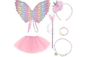JSTHHTT 6 PCS Fairy Costume, Butterfly Fairy Wings and Wand, Princess Costumes For Girls, Crown Crystal Tiaras, Tutu, Fancy Dress Set for Girls Party Costume Halloween Christmas, for 2-4 Years Kid