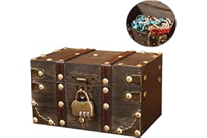 Nizirioo Forziere del tesoro in legno vintage con lucchetto a combinazione: piccolo scrigno del tesoro dei pirati, portagioie con coperchio, per compleanno dei bambini, salvadanaio con serratura,