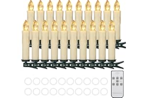 Cibnew Christbaumkerzen Kabellos Weihnachtskerzen Outdoor LED Kerzen mit Fernbedienung,Timer-Funktion Warmweiß Wasserdichte Dimmbar für Weihnachtsbaum,Geburtstags,Party(20er Beige)