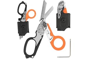 MAHIOT 6 in 1 Emergency Response Shears Emergency Scissors Tool Stainless Steel Foldable Scissors Pliers with Strap Cutter and Glass Default (Black & Orange with Holster)
