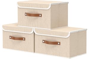 OUTBROS Boîte de Rangement, 33 x 23 x 20 cm Paniers Pliables, avec Couvercles et Poignées, Cube Range pour Vêtement, Magazine pour, Chambre à Coucher (3 pièces, Beige)