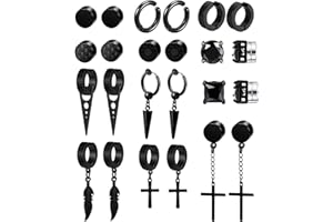 BVLAGIDA 20 Pares Pendientes Iman Hombre, Pendientes sin Agujero Acero Inoxidable, Pendientes Clip de Colgantes Cruz Pluma, Pendientes Magneticos para Hombre Mujer, Negro
