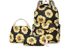 Sunflower Backpack Set 3-in-1 Kids School Bag, Junlion Laptop Backpack Lunch Bag Pencil Case Gift for Teen Girls Womens Black