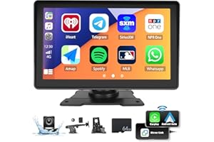 CAMECHO Wireless Carplay Android Auto Portable Car Radio, 7 Inch HD TouchScreen Carplay Screen with Bluetooth Mirror Link GPS Sat Nav FM Transmitter AUX, USB, SD, Type-C +AHD Rear Camera +64G TF Card