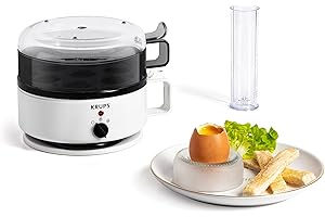 ‎KRUPS Krups Ovomat Super Eierkocher, Für bis zu 7 Eier, Koch- und Warmhaltefunktion, Inkl. Wasser-Messbecher mit Eierstecher, Signalton, EG230115, Weiß/Schwarz