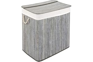 WohnDirect Cesto per Il bucato con Coperchio e 2 Scomparti - Robusto Cesto per Il bucato in bambù - Cesto per Il bucato Grigio con Sacchetto per Il bucato, Lavabile - 100% bambù - 104 Litri
