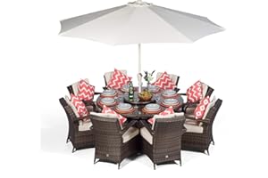 GIARDINO Arizona Luxury Rattan Dining Set | Round 8 Seater Brown Rattan Dining Set | Outdoor Poly Rattan Garden Table & Chairs Set | Wicker Garden Dining Furniture with Parasol, Cover & Lazy Susan