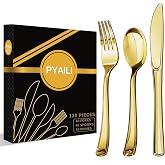 PYAILI 120 Reusable Gold Plastic Cutlery Set | 40 Knives, 40 Forks and 40 Spoons for Weddings, Birthdays, Parties and Events