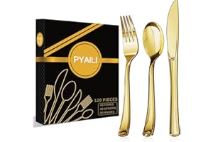 PYAILI 120 Set di Posate in Plastica Oro Riutilizzabili – 40 Coltelli, 40 Forchette, 40 Cucchiai per Matrimoni, Compleanni, Feste ed Eventi