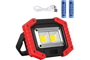 Lyneun Projecteur de Chantier LED, 30W Lampe de Chantier Rechargeable par USB Super Clair Étanche IP65 2000LM Projecteur LED Rechargeable Avec Support pour Le Camping, La Pêche, l'atelier, le Chantier
