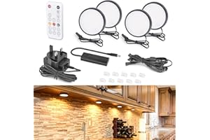 WOBANE Dimmable Black LED Puck Lights,LED Under Cabinet Lighting kit with Remote Control,Under Counter Lighting for Kitchen,Cabinet,Cupboard,Display Shelf,Bookcase,2700K Warm White, Timing,Set of 4