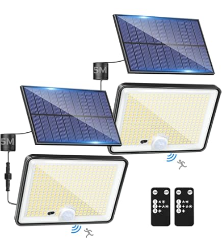 JACKYLED Buitenverlichting op zonne-energie met 113 heldere leds, 9000 K, bewegingssensor, buitenschijnwerper, van schemering tot ochtendschemering, met 5 m kabel, veiligheidslicht voor tuin, schuur