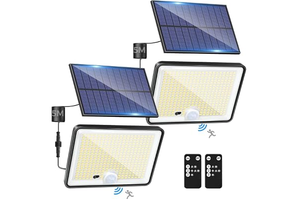 LOTMOS 2 Paquete 342LED Luz Solar Exterior Jardin Mando a Distancia | Focos Led Solares Sensor De Movimiento, IP65 Impermeable Lampara Solar, 3 Modos Luces Solares Led Exterior Jardin, Garajes