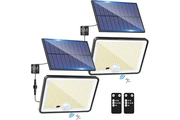 LOTMOS 2 Paquete 342LED Luz Solar Exterior Jardin Mando a Distancia | Focos Led Solares Sensor De Movimiento, IP65 Impermeable Lampara Solar, 3 Modos Luces Solares Led Exterior Jardin, Garajes