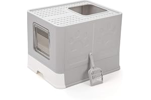 Vealind Lettiera per Gatti, 51 x 41 x 38 cm Grande Toilette per Gatti Chiusa con Design Pieghevole, Vassoio Estraibile e Paletta (Grigio Chiaro)