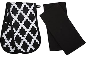 Penguin Home Heat Resistant Oven Gloves with Set of 2 Tea Towel Oven Mitt & Potholder for Home Cooking - Maximum Heat Protection/Kitchen Accessories (Diamond Black) Size - (18x90 & 65x45 cm)