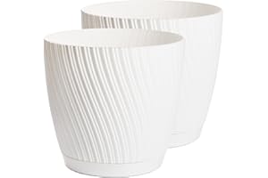 Home Garden Ornaments Plant Pots Indoor – Set of 2 with Drainage & Saucer Swing Indoor Plant Pot – Decorative Striped Flower Plastic Planter Design – 5 Colours & 6 Sizes (15cm / 5.9 inch, White)