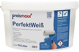 Preismaxx Perfektweiß Wandfarbe 10L – Innenfarbe Weiß, Sehr Hohe Deckkraft Klasse 1, Matt, Tropf- & Spritzarm, Ergiebig, Profi-Qualität für Innenwände & Decken