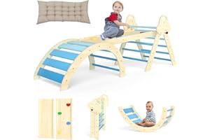 Puecrof 7-in-1 Montessori Kletterdreieck mit Kissen – Holz Kletterspielzeug für Kleinkinder 1-3 Jahre – Indoor Kletterbogen mit Rutsche, Leiter & Spielbogen (Blue)