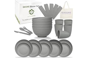 ENSINE 42pcs Plates and Bowls Set Grey, Premium Plastic Camping Dinner Sets with Carry Bag,Unbreakable Dinner Sets for 5 People, Plates, Cups, Bowls & Cutlery Set, Perfect for Picnic, BBQ, Kids