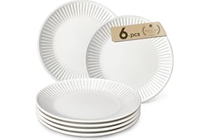 MALACASA 6-Piece Dinner Plates, Embossed Porcelain Plates Set for 6, Chip and Scratch Resistant, Microwave and Dishwasher Safe, Elegant White, 10.25"/26cm, Series Leila