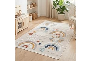 RUGURA Alfombra Infantil Habitación Niña Niño Dormitorio Arcoiris Nubes Estrellas Animales 160x230cm Crema Azul Turquesa Rojo