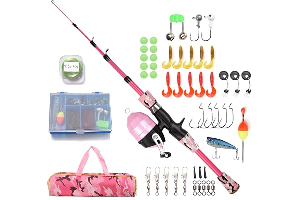 doorslay Canne à pêche et Moulinet pour Enfants - Kit Complet de 1,2 m/1,5 m - Canne télescopique avec Moulinet Spincast et hameçons - Leurres et émerillons - Sac de Transport