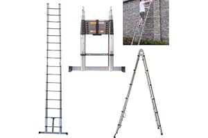 DICN 5M / 2.5M+ 2.5M Foldable Ladders A Frame Telescopic Stainless steel Extendable Extension 16 Steps150kg Max. Capacity Multipurpose Climb Ladder Portable Loft Attic for Business Home Work DIY Builder