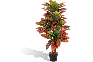 COSTWAY Sztuczna roślina 100 cm, sztuczna roślina, kroton, drzewo palmowe z kolorowymi liśćmi i naturalnym pniem drewna, sztuczne drzewo w doniczce, tropikalna palma pokojowa, do biura, domu, czerwona