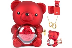 ORIFESIO Orsetto Rosa Eterna con Collana a Forma di Cuore, Orsacchiotto con Scatola per Gioielli Nascosta, Confezione Regalo Orso di Rose Stabilizzate per Donna, San Valentino, Festa della Mamma, Natale