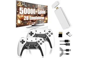 KINMRIS M15 Retro Konsole 4k, Tragbare Video Emulator Spielekonsole mit eingebauten 50000+ Klassische Spiele 28 Emulatoren, Plug and Play Spiel Stick für TV mit 2 x 2.4G Spiel Kontrolleure(128G)
