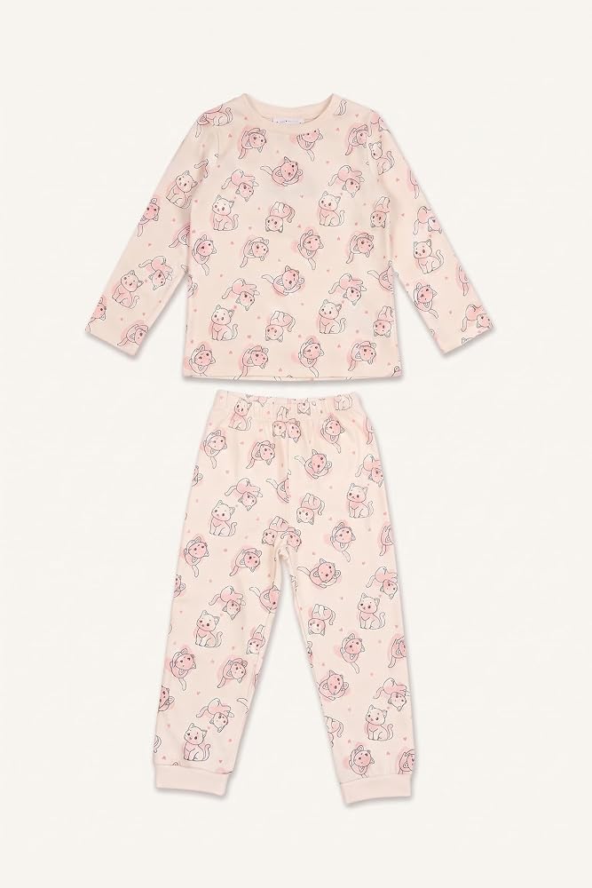 DeFacto%100 Pamuk Kedi Baskılı Bisiklet Yaka Uzun Kollu Pijama Üstü Esnek Belli Uzun Pijama Altı 2'li Pijama Takımı Kız Bebek I3230A526AU