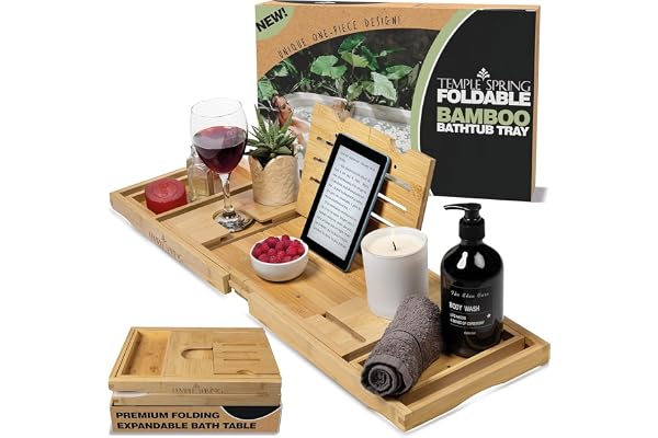 Temple Spring Plateau de Bain Pliable, Étagère de Bain en Bois Extensible, Planche Spa pour Adultes, Caddy de Baignoire, Set Accessoires Salle de Bain en Bambou – Naturel