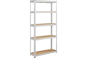 Yaheetech Étagère de Rangement 180 x 90 x 30 cm Étagère Garage à 5 Niveaux avec Cadre en Métal Tablette en Bois MDF Réglable en Hauteur Domicile Magasin Bureau Entrepôt Argenté