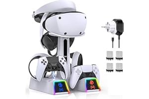 RGB Ladestation für PSVR2/ PS5 Edge/ PS5 Controller mit AC Adapter und US to EU Adapter, Vertikaler Ständer Zubehör für PS5VR2 Headset und Dualsense Controller + VR2 Ladestation + 10 RGB-Licht