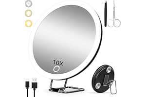 Suupvaor 10x Magnifying Mirror with Light Large 15cm Lighted 10x Magnified Mirror with Suction Cups & Table Stand, Travel Magnifying Mirror 10x with light High Magnification Makeup Mirror