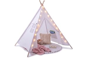 Relsy Barn elfenbensvit tipi-tält för barn | Vit Tipi lek/pop up-tält för flickor och pojkar 140 x 120 cm bomullstyg, med 3 meter stjärnljus och cirkulär matta/matttillbehör