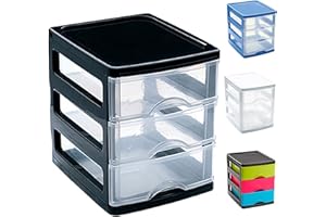 PLASTIFIC Plastic Desktop Storage Unit with Drawers, Stationary Arts Drawer Desktop Tabletop Organiser Storage Tower Unit for Office Bedroom Garage ((17 x 13.5 x 17cm, 3 Drawers Black with Clear Drawers))