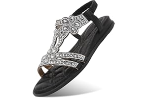 KUNWFNIX Summer Women's Flat Sandals Ladies Rhinestone Bohemian Walking Sandals Dress Shoes for Outdoor Beach Wedding
