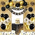 BIQIQI Black Gold Birthday Decorations,Happy Birthday Banner, Confetti Birthday Balloons,Paper Pom Poms Gold Fringe Curtain Birthday Background for Men Women 10th 18th 20th 30th 40th Birthday Party