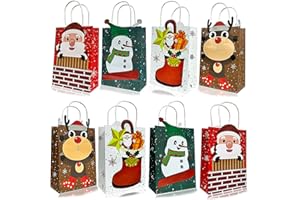 OEMG Sacs Cadeaux de Noël, Lot de 16 Sachet Papier Kraft Noel avec Poignées - 22x16x8 cm - Sac Cadeau Noel Petit Format, Emballage Cadeau pour Noel, Anniversaire, Nouvel An